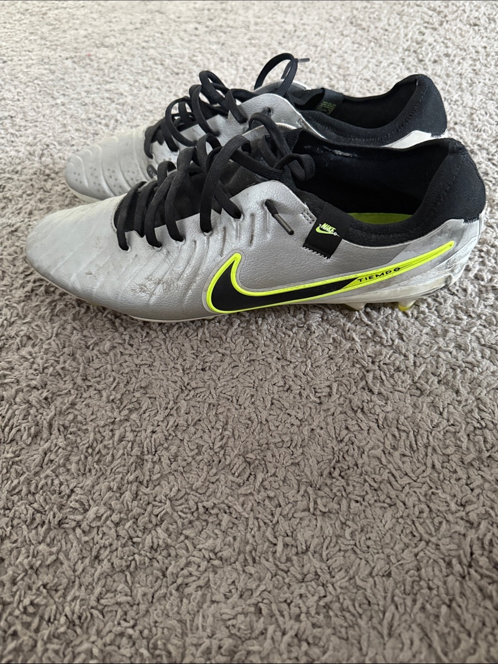 Nike Silver and Neon Yellow Tiempo Soccer Cleats